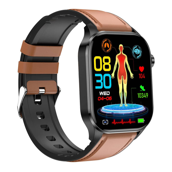 Nahaufnahme Smartwatch-Display. Zeigt Gesundheitsdaten wie Herzfrequenz, EKG & Blutdruck in Echtzeit.