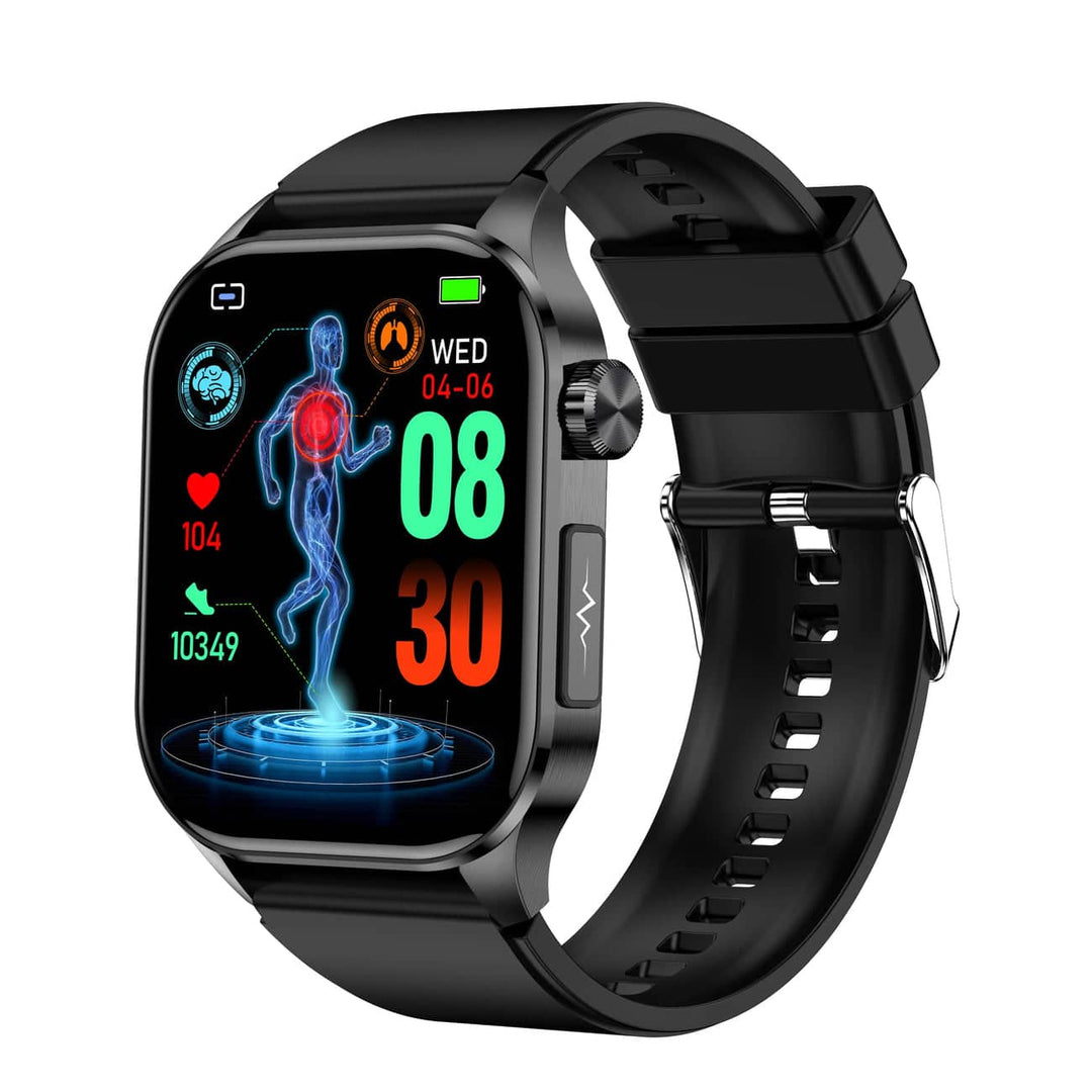 Unisex Gesundheits-Smartwatch am Handgelenk. Misst Herzfrequenz, Blutdruck & Schlafphasen präzise.