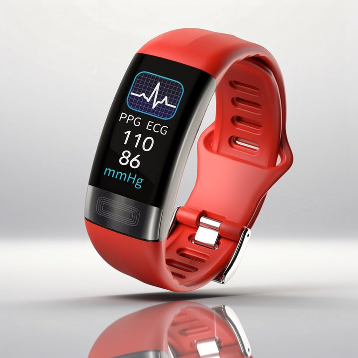 Detailaufnahme der Smartwatch-Rückseite mit Sensoren für EKG, Herzfrequenz, Blutdruck. Wearable Technologie.