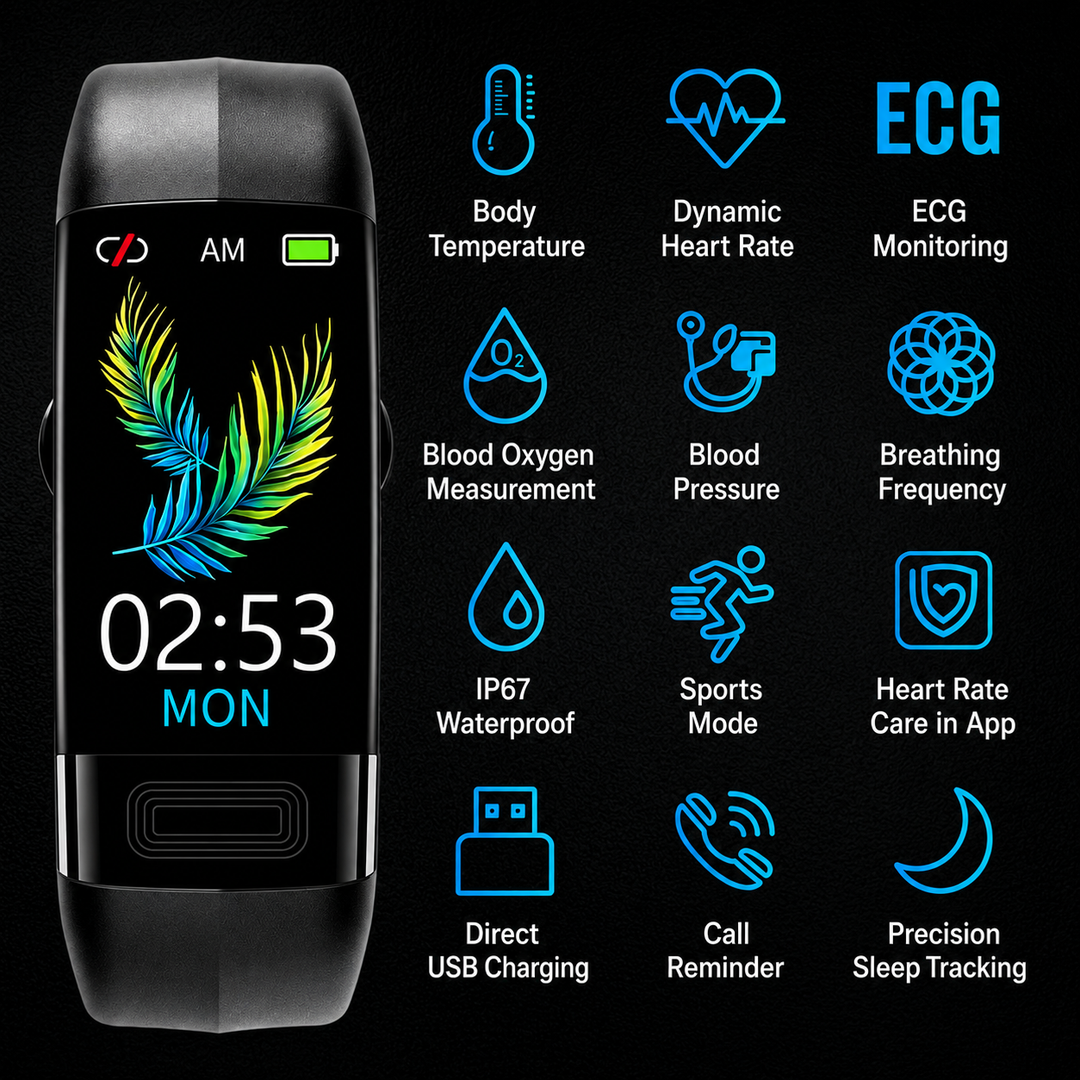 Stylische Unisex Fitnessuhr mit EKG, Blutdruckmessung, Herzfrequenz- & Schlafanalyse, Aktivitätstracker.