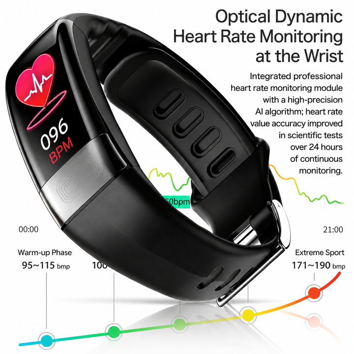 Nahaufnahme der Smartwatch am Handgelenk, zeigt Herzfrequenz. Unisex Fitnessuhr mit Gesundheitsfunktionen.