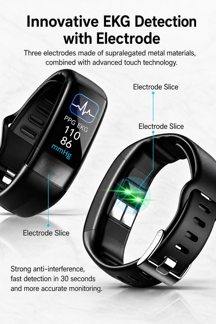 Display einer Smartwatch, zeigt EKG-Kurve. Hochwertiger Gesundheitstracker & Fitnessuhr.