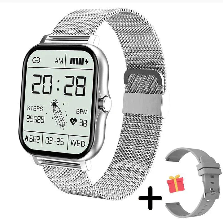 Moderne Unisex Smartwatch mit klarem Display für Fitness-Ziele, Schritte, Kalorien und Benachrichtigungen.