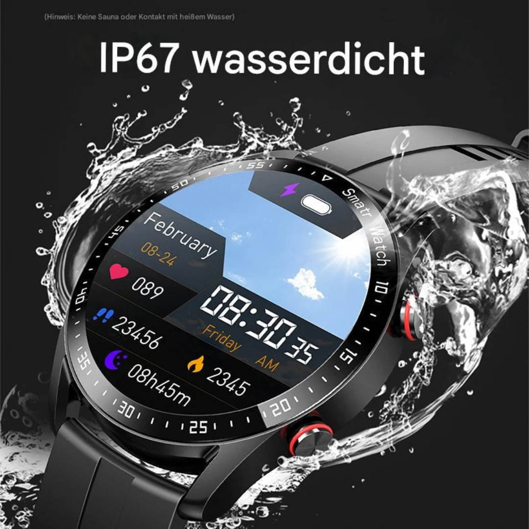 Klares Display der Smartwatch zeigt Herzfrequenz, Schritte und Uhrzeit. Einfache Bedienung.