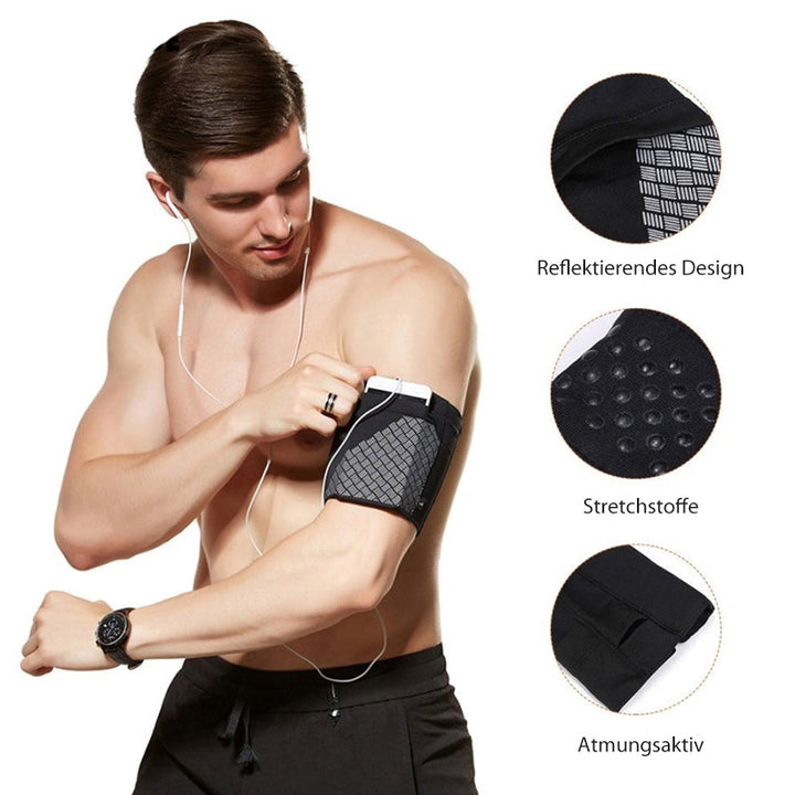 Unisex Sportarmband mit sicherem Handyhalter und Stauraum für Schlüssel beim Laufen und Fitness.