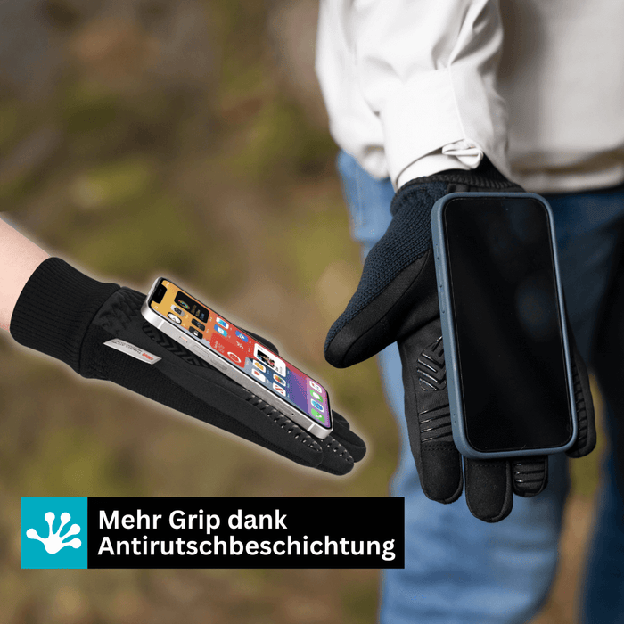 Wassertropfen perlen von wasserdichten ThermoFit Thermohandschuhen ab; Schutz vor Nässe & Kälte.