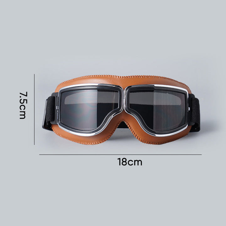 Unisex Vintage Motorradbrille, braun, Schutzbrille mit verstellbarem Riemen, robust und retro.