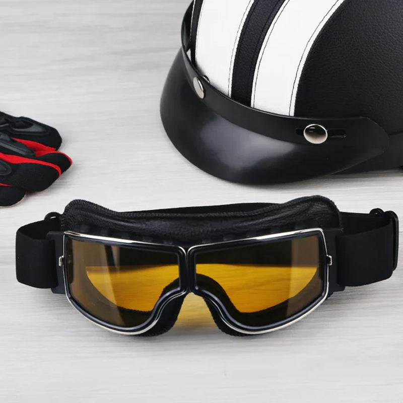 Unisex Vintage Fahrerbrille, Lederoptik, klares Glas für Motorrad & Sport, retro Design.