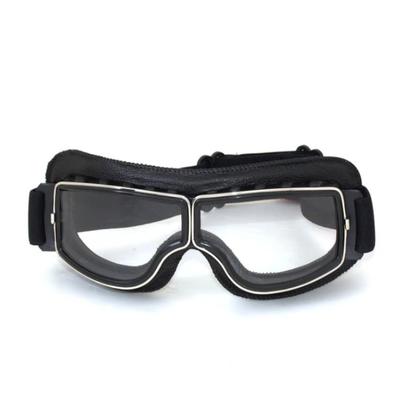 Klassische Retro-Motorradbrille mit Lederakzenten, universell passend für Motorradfahrer als stilvolles Zubehör.