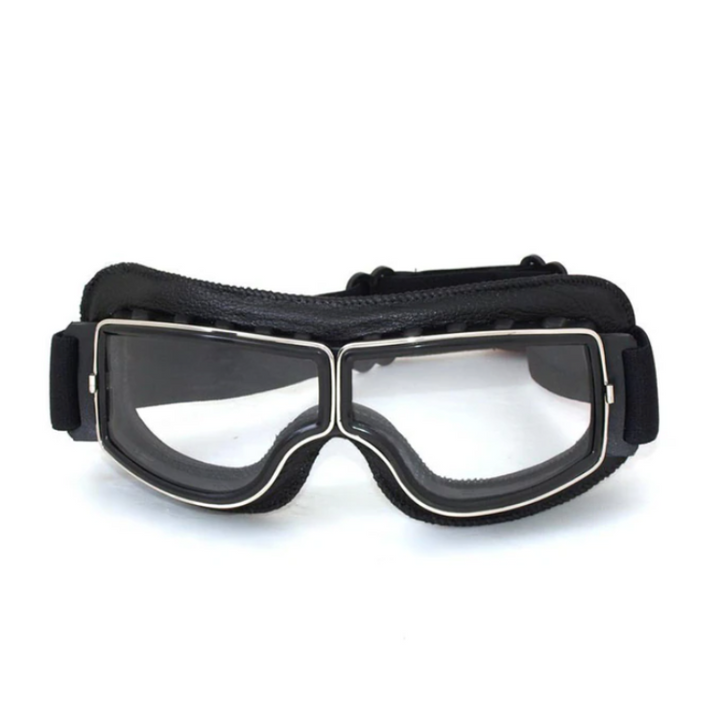 Klassische Retro-Motorradbrille mit Lederakzenten, universell passend für Motorradfahrer als stilvolles Zubehör.