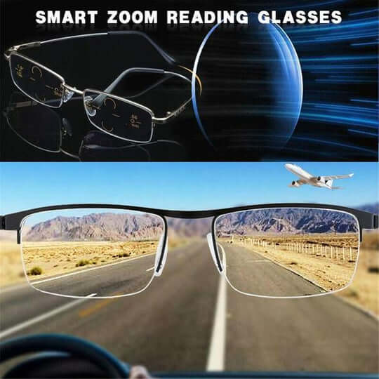 VisionFlex Gleitsichtbrille im Schutzetui, mit Blaufilter, UV-Schutz und Anti-Blend. Perfekt für unterwegs.