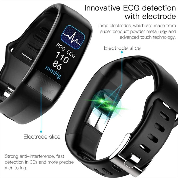 VitalBand Smartwatch mit hellem Display zeigt EKG-Kurve, Blutdruck & Herzfrequenzwerte auf einen Blick.