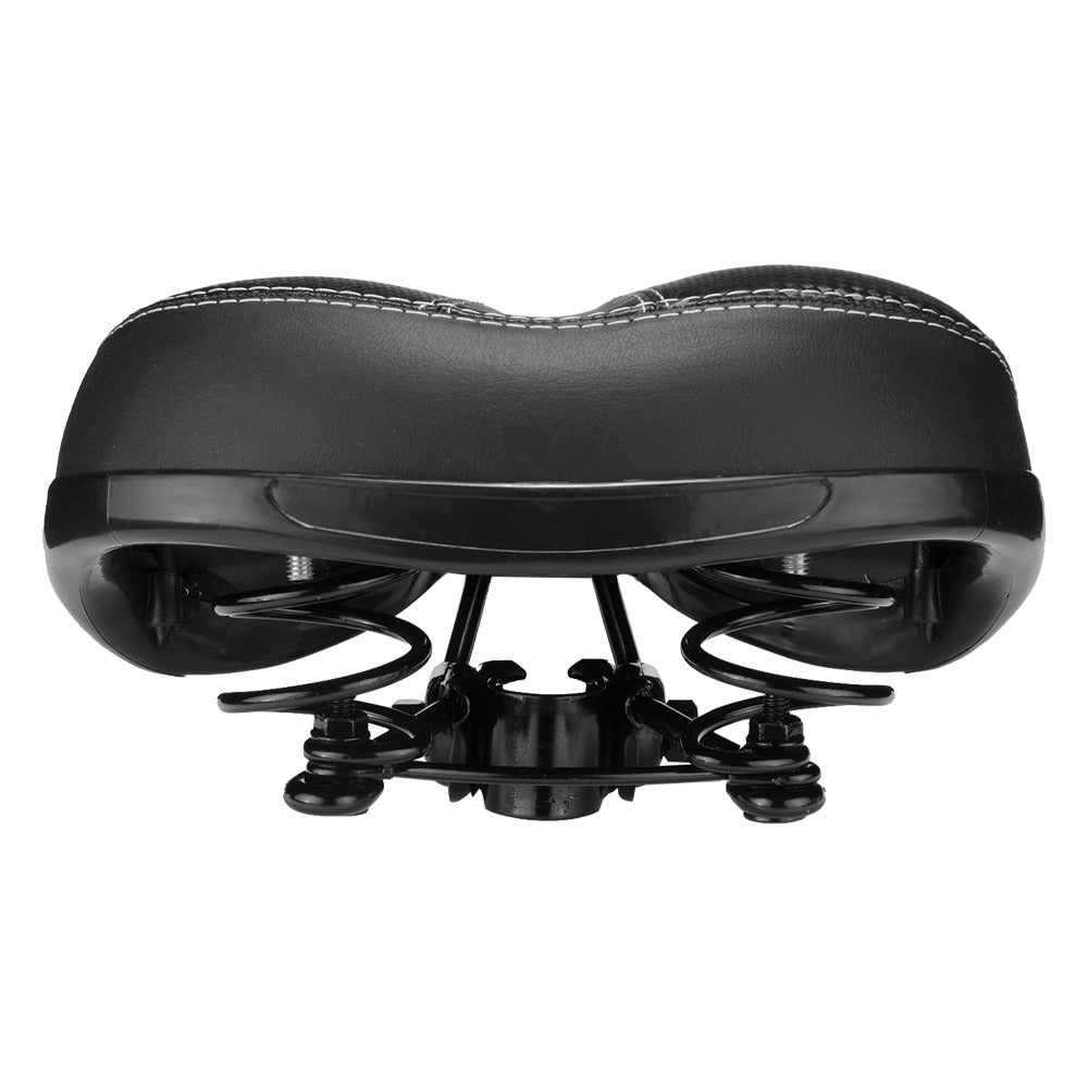 Ergonomischer schwarzer Ledersattel, weich und langlebig. Perfekt als Fahrradzubehör für komfortables Radfahren.