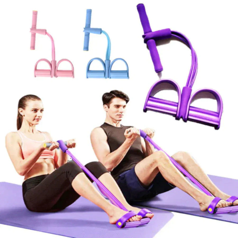 Portables Widerstandsband mit Fußpedalen für vielseitiges Heimtraining. Perfekt für Core-, Arm- und Beintraining, überall einsetzbar.