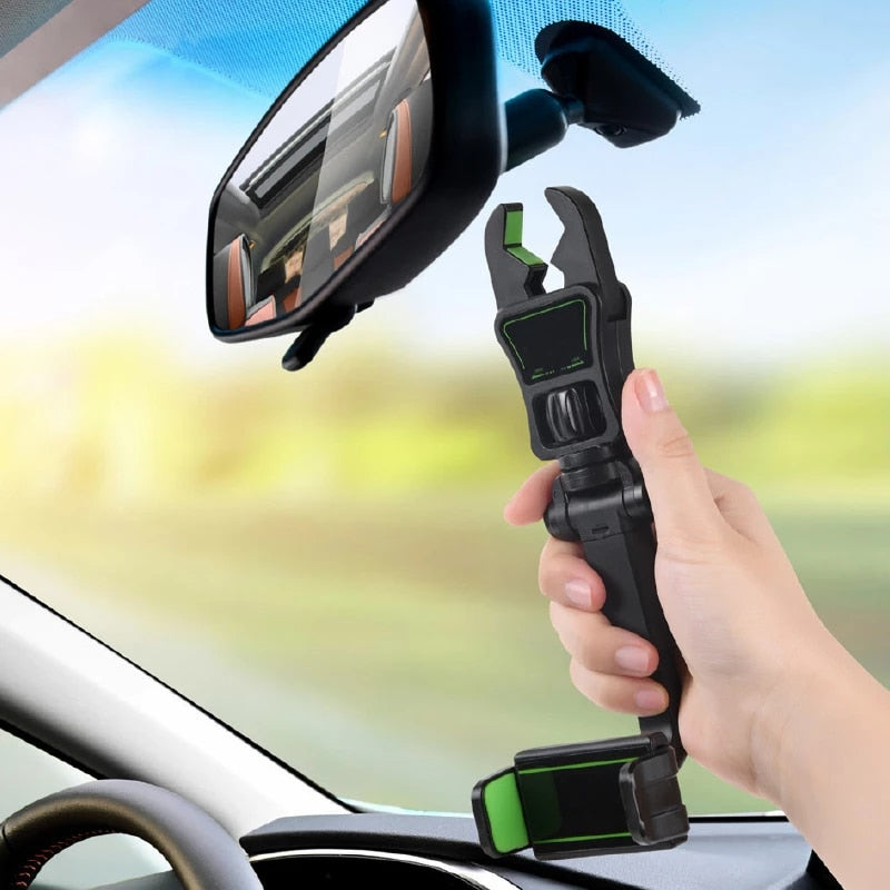 Universal Handyhalterung fürs Auto, 360° drehbar, sichere Befestigung für Smartphones am Rückspiegel, in Grau/Grün.