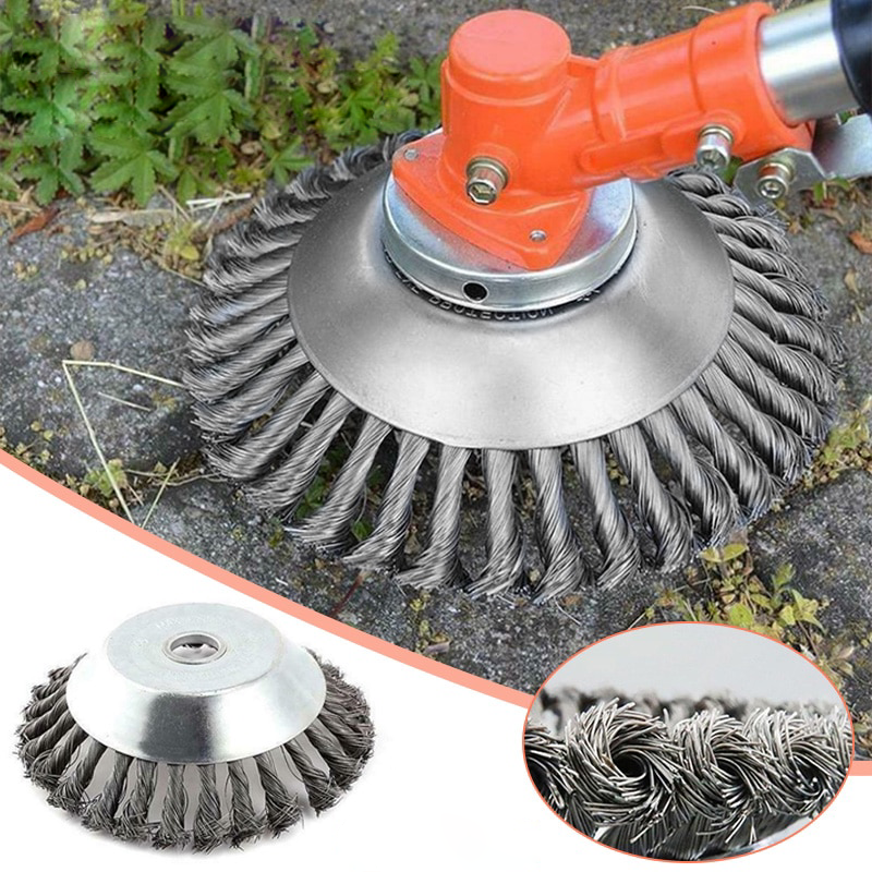 Universeller Drahtbürsten-Trimmerkopf für Rasentrimmer, ideal zur Unkraut- und Moosentfernung im Garten.