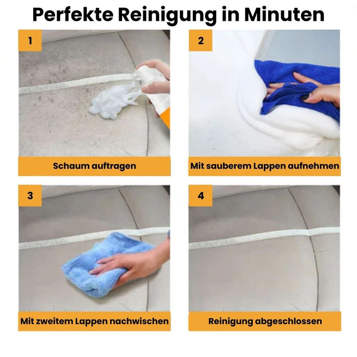 Reinigungspray mit Schaum für mühelose Tiefenreinigung. Ideal für Polster, Sitze & Küchen, hinterlässt keine Rückstände.