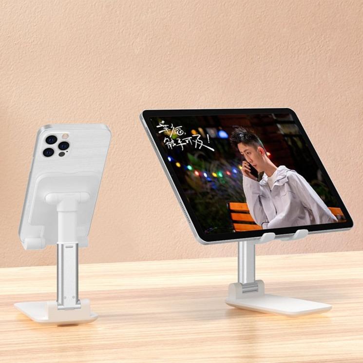 Weißer verstellbarer Handyhalter für Schreibtisch, faltbar und höhenverstellbar für Smartphones und Tablets.