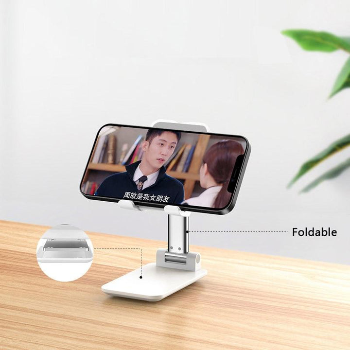 Schwarzer ergonomischer Smartphone Desktop Halter, höhen- & winkelverstellbar, faltbar für Reisen.