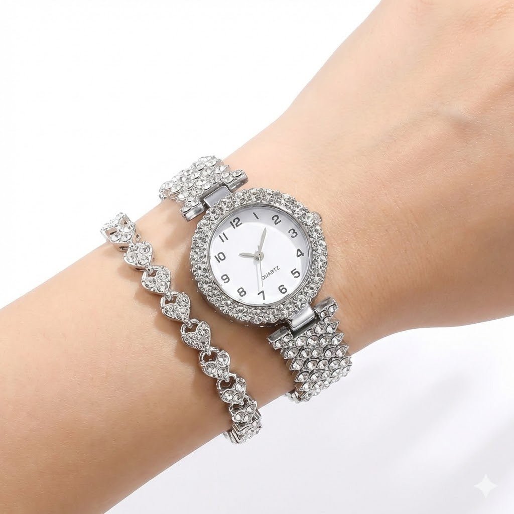 Exklusives goldenes Damen Uhrenset mit passendem Armband, luxuriöser Schmuck & Accessoire.
