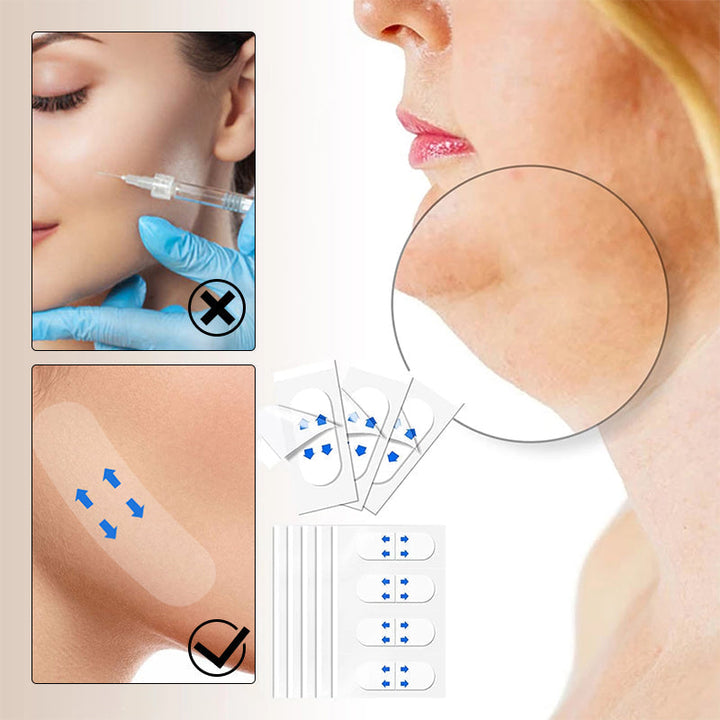 Anwendung des transparenten Facelifting-Tapes zur sofortigen Gesichtsstraffung und Faltenreduzierung.