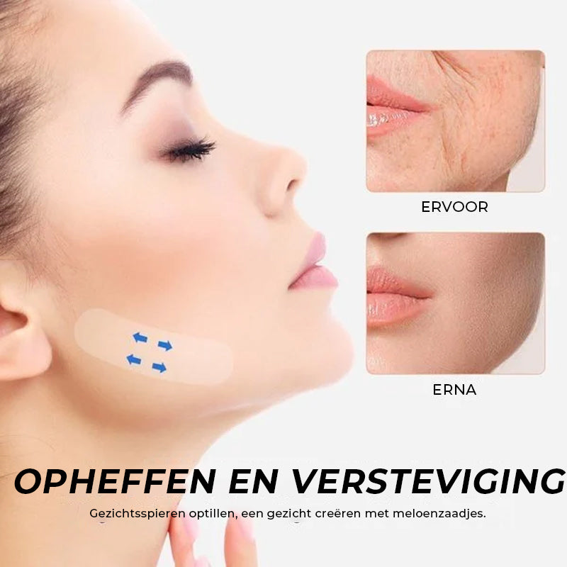 Detailaufnahme des hautfreundlichen, unsichtbaren Facelifting-Tapes für diskrete Anti-Aging-Effekte.