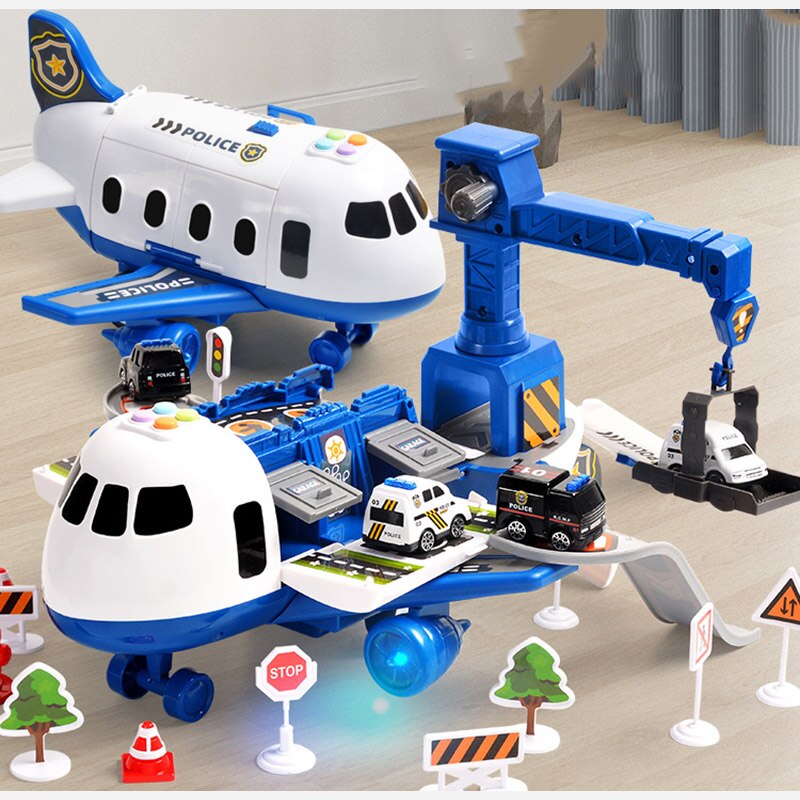 Kinder spielen mit großem Flugzeug Spielset, inklusive Polizei- und Feuerwehr-Fahrzeugen, Abenteuer.