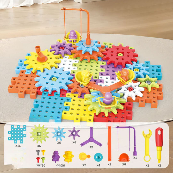 Montessori Lernspielzeug: 3D Zahnrad & Puzzle Bausteine Set für Kinder. Fördert Kreativität & motorische Skills.