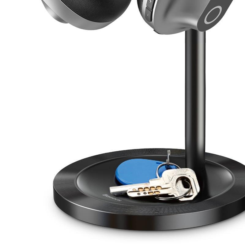 Platzsparender Aluminium Kopfhörerständer, verstellbar, mit integrierter Ablage für Headsets.