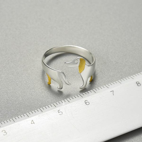 Detaillierter Dackel Ring aus 925 Silber, verstellbar, wunderschönes Geschenk für Damen, die Hundeschmuck lieben.