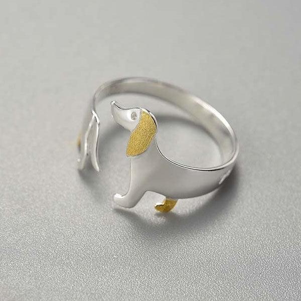 Einzigartiger Dackel Ring aus 925 Silber, verstellbar, trendiges Hundemotiv Accessoire für Damen und Tierfreunde.