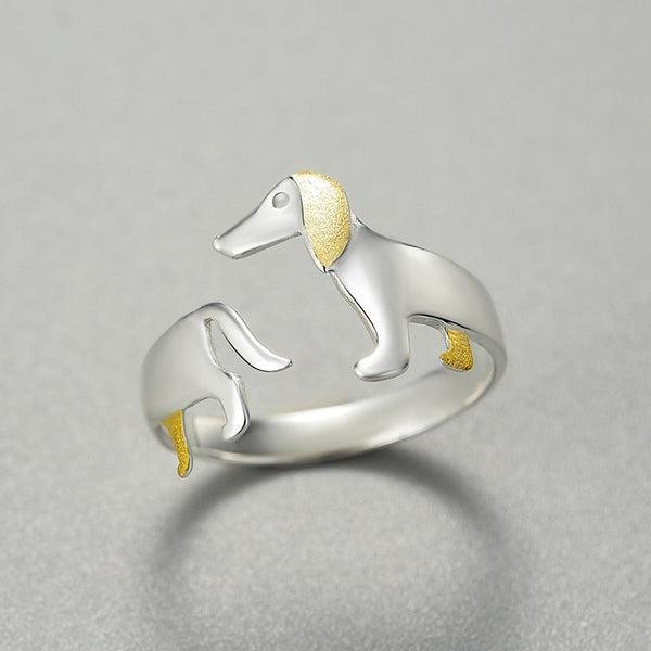 Dackel Schmuckring aus 925 Silber, verstellbar, modernes Hundemotiv Accessoire für stilbewusste Damen.