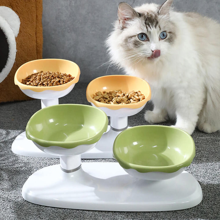 Verstellbarer Doppelfutternapf für Haustiere mit Nackenschutz. Ergonomische Futterstation für Hund & Katze.