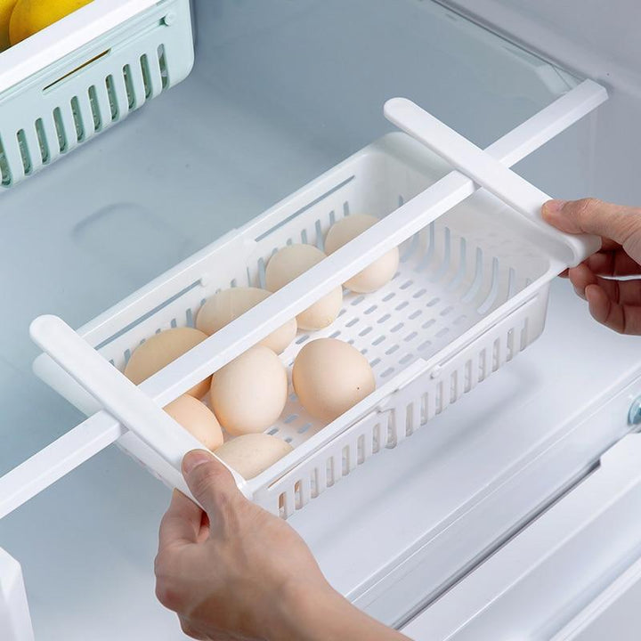 Flexibles, verstellbares Kühlschrankregal aus Kunststoff passt sich jeder Größe an, schafft Ordnung & nutzt Platz optimal.