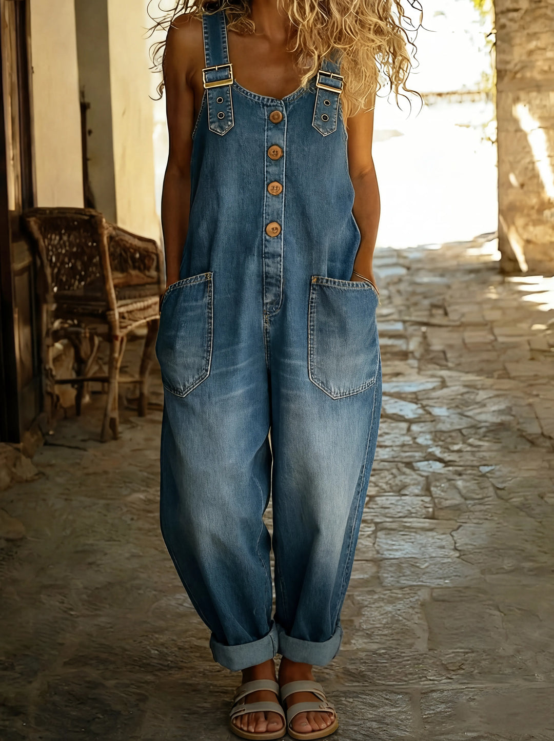 Vielseitige Damen-Latzhose mit verstellbaren Schnallen. Bequeme Freizeitmode, ideal für Casual-Looks im Sommer/Herbst.