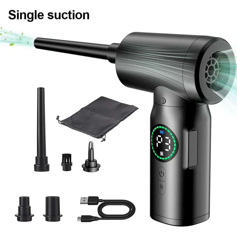 Druckluftreiniger mit integriertem LED-Licht: Ideal für dunkle Ecken bei der Auto- & PC-Reinigung.
