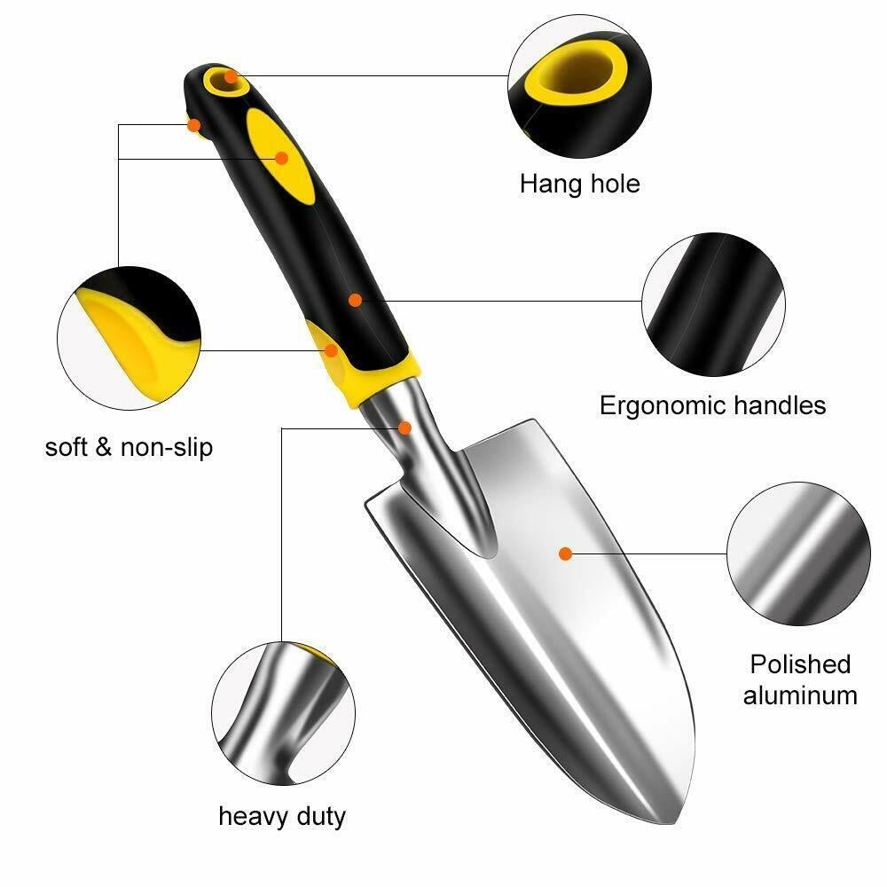 Nahaufnahme der ergonomischen Griffe und Aluminiumköpfe des 6-teiligen Gartenwerkzeugsets für Komfort.