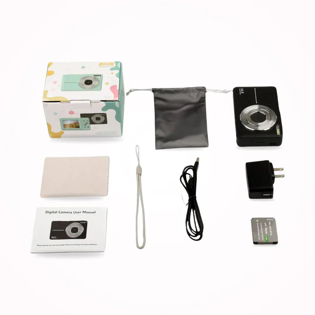 Leichte Reisekamera Snapora, Vintage Digitalkamera für hochwertige Schnappschüsse im Retro-Look.