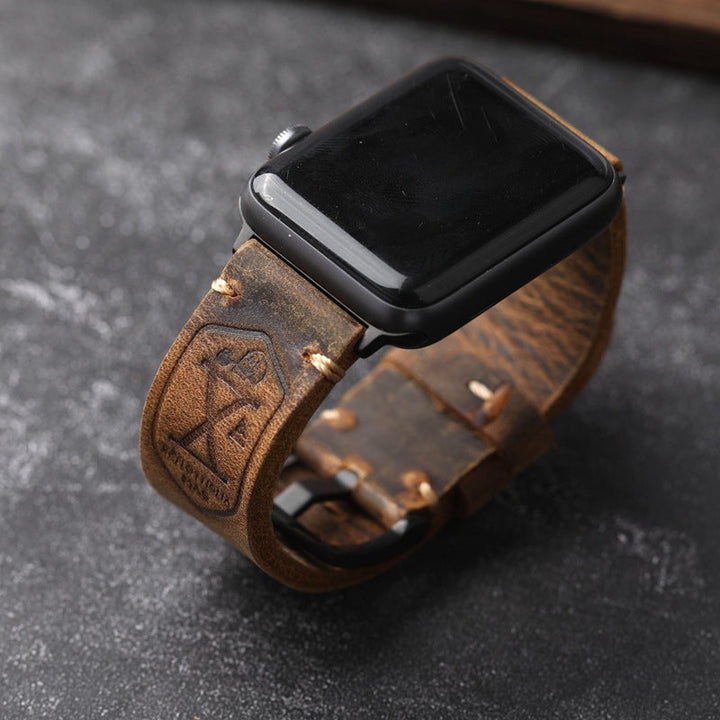 Vintage Lederarmband für Apple Watch aus Premiumleder, handgefertigt, entwickelt einzigartige Patina, robust und stilvoll.