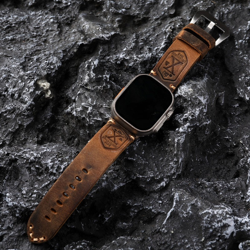 Robustes Premium Lederarmband für Apple Watch im Vintage-Stil, mit Edelstahlschnalle, langlebiges Smartwatch-Zubehör.