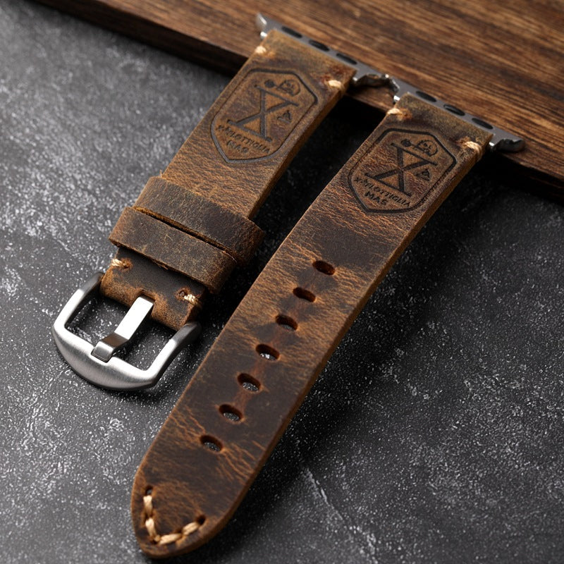 Vollleder Vintage Armband für Apple Watch, mit Edelstahlschließe, zeigt saubere Verarbeitung & hochwertige Nähte.