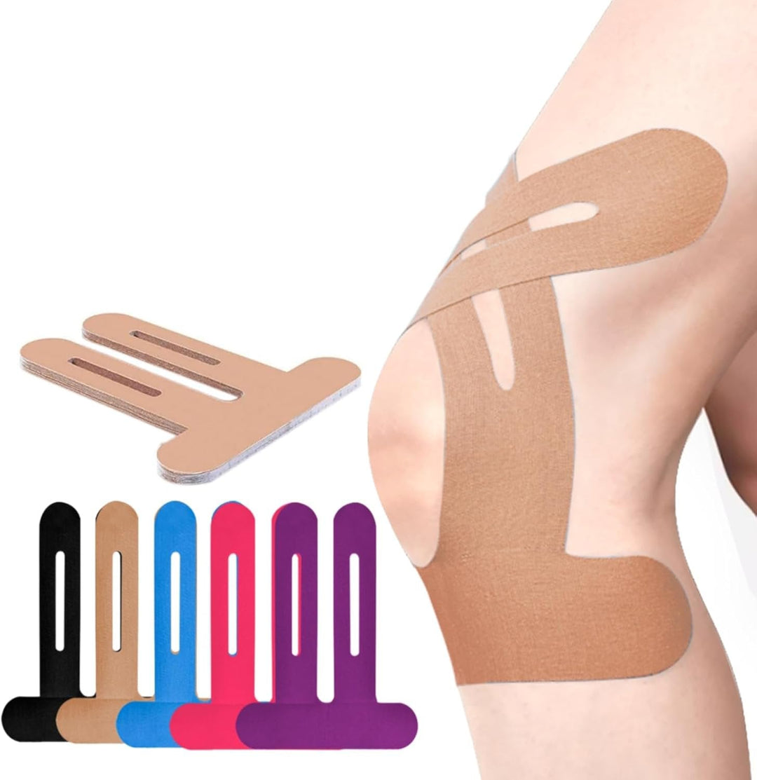 Detailaufnahme: Atmungsaktives Kinesiotape am Knie; vorgeschnitten & elastisch für gezielte Muskelunterstützung.