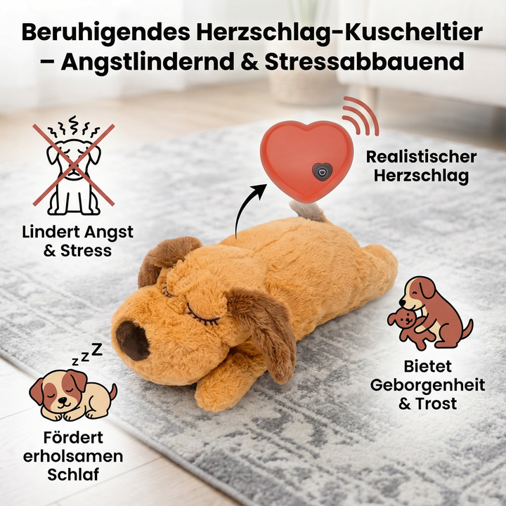 Weiches Herzschlag-Kuscheltier für Welpen. Bietet Geborgenheit und beruhigt bei Trennungsangst, ein ideales Hundespielzeug.