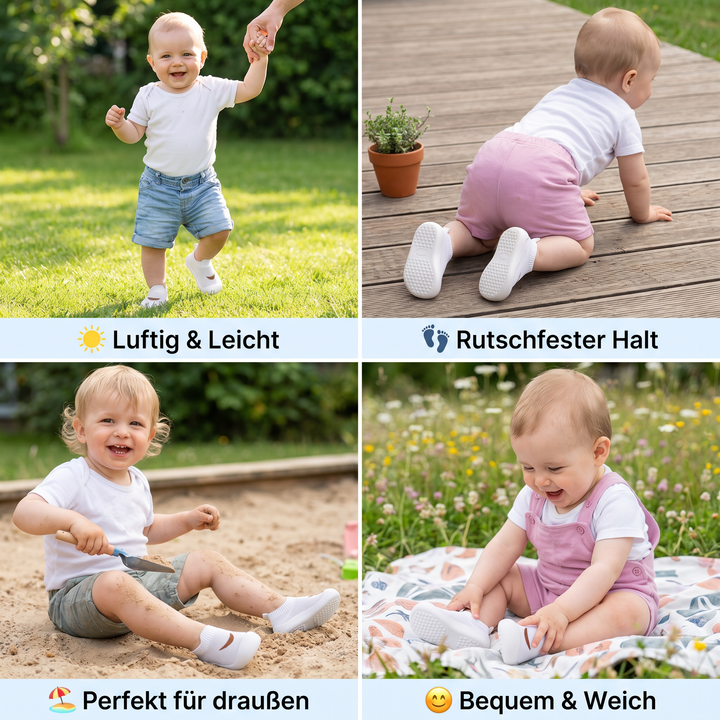 Flexibel und stützend: Sommerschuhe für Babys, perfekt für die Gehübungen kleiner Kinder.