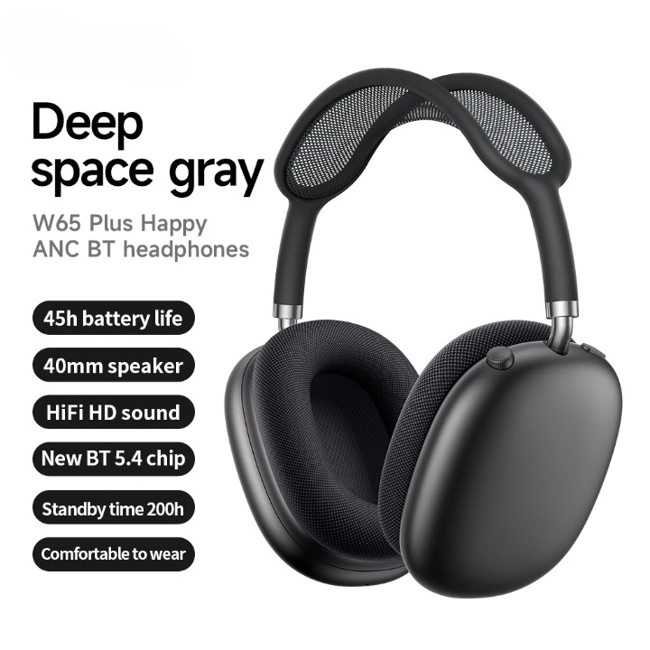 Schwarzer W65 Plus Over-Ear Funkkopfhörer (ANC) von vorne, bereit für immersiven Audio-Genuss.
