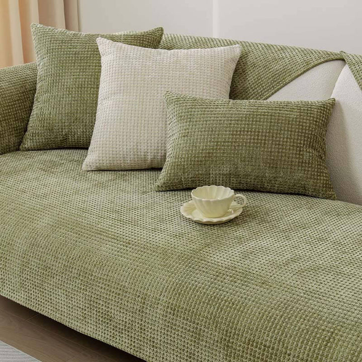Dekorativer Waffelstoff-Couchbezug aus Chenille, ideal für stilvolles Wohnzimmer und Sofaschutz.