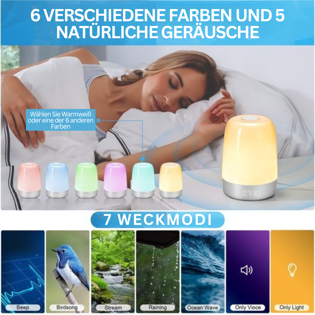 Stylisches Wake-up-Light Aurora, akkubetrieben, als Dekor & Stimmungslicht im Schlafzimmer.