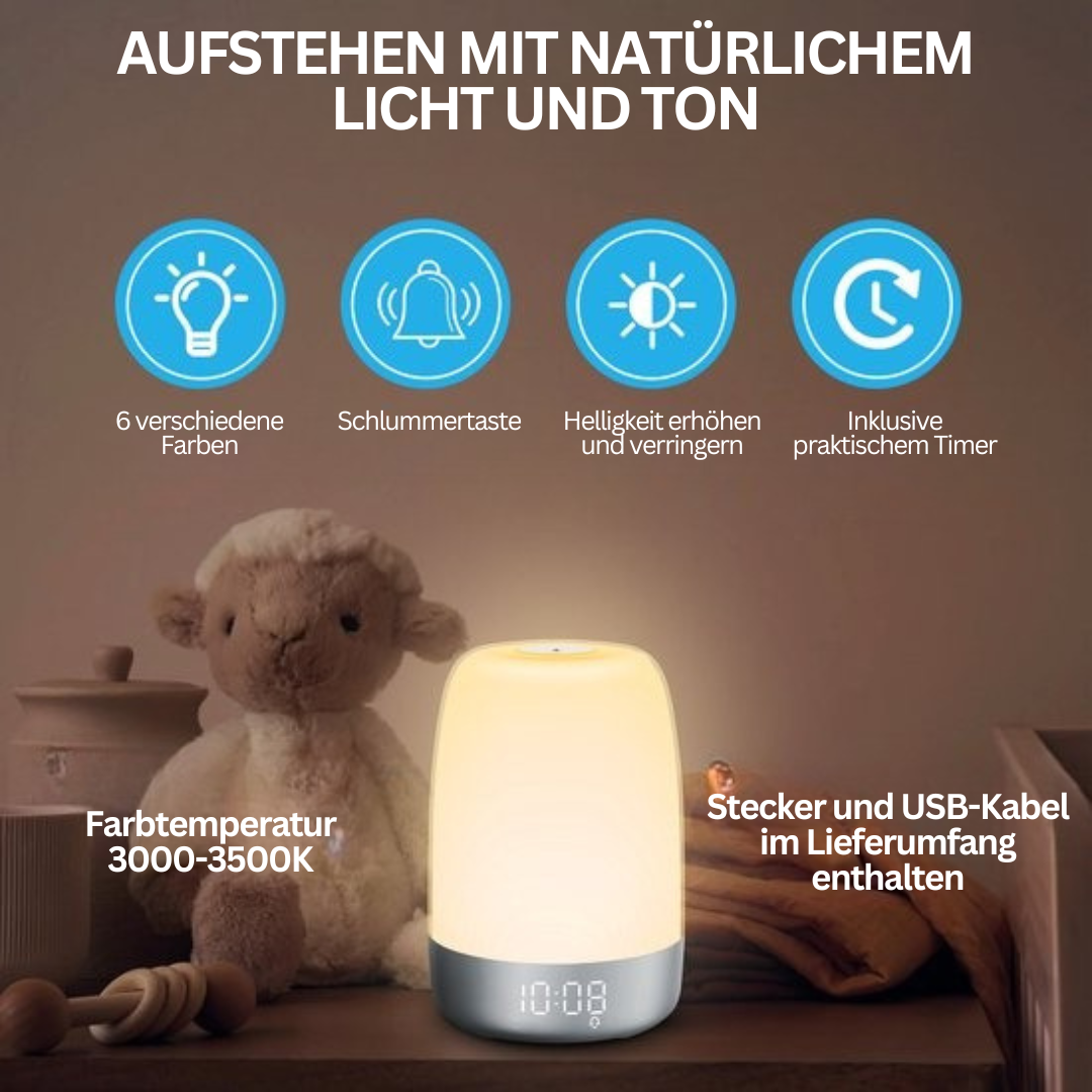 Erleben Sie sanftes Erwachen: Wake-up-Light Aurora mit Sonnenaufgangssimulator & Naturklängen.