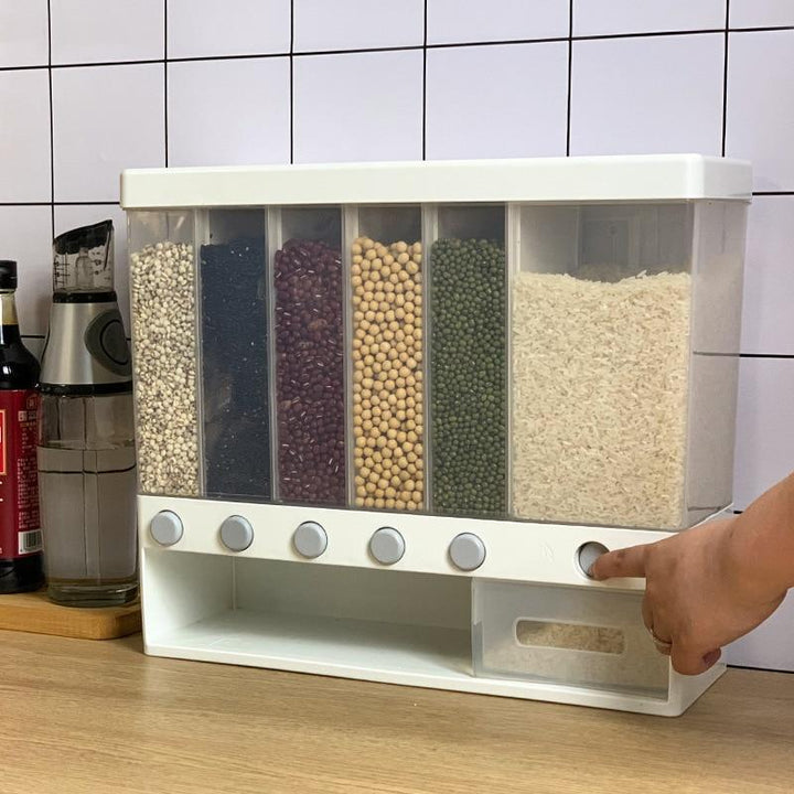 Platzsparender Wandspender für Cerealien & Reis, ideal für effiziente Küchenorganisation & hygienische Vorratshaltung.