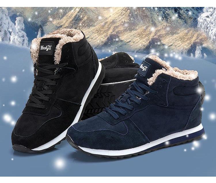 Seitlicher Blick auf warme Herren Winterstiefel, robustes Design für Outdoor-Aktivitäten bei Kälte; komfortable Schuhe.